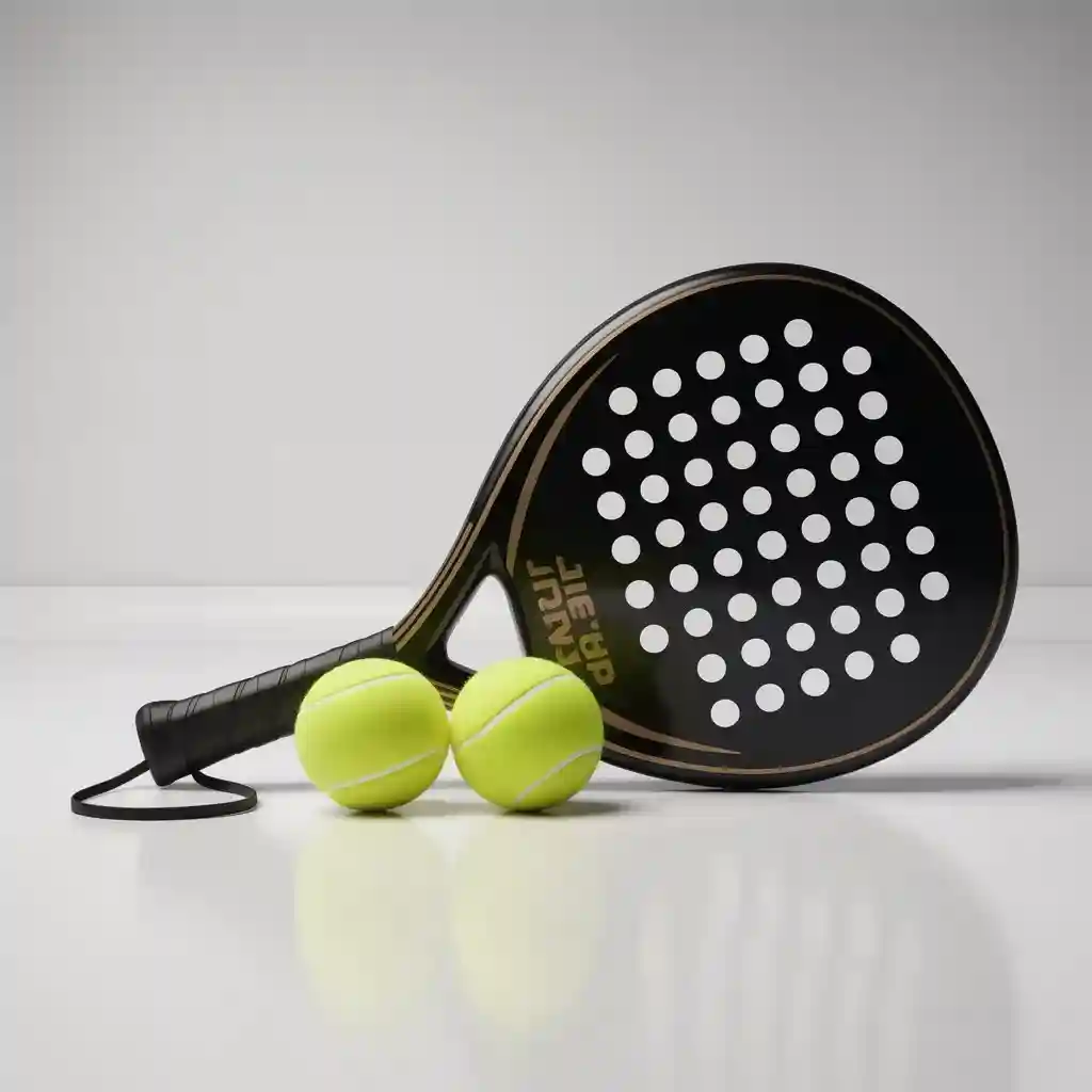 Pala de pádel y pelotas sobre superficie blanca