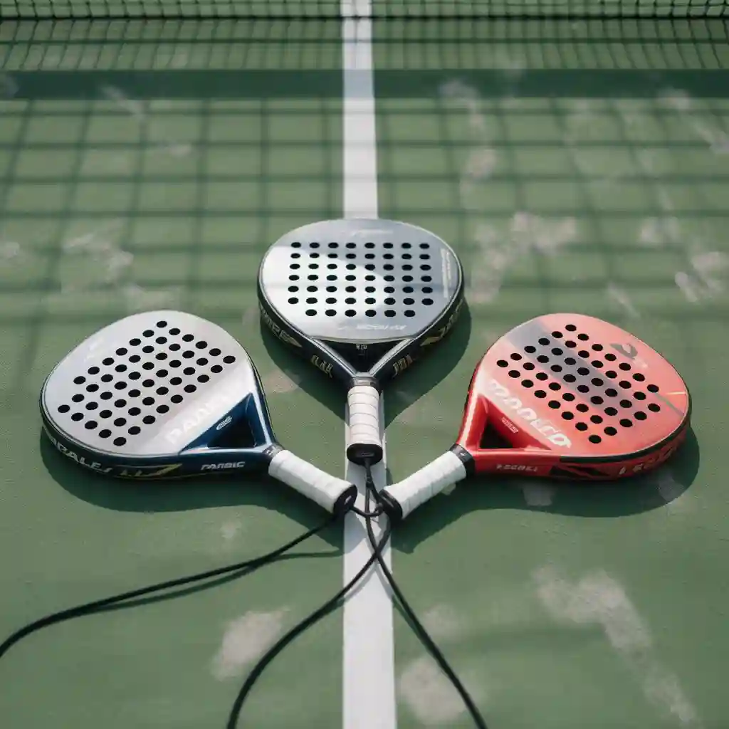 Tres palas de pádel mostrando formas redonda, lágrima y diamante